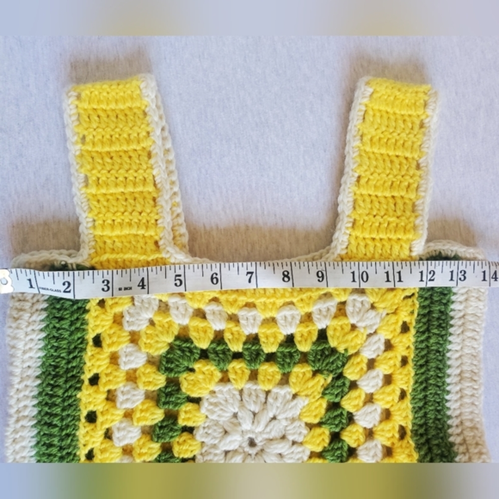 Vintage crochet knit tank top floral wool yellow VTG 70s cottagecore boho small - Picture 8 of 11